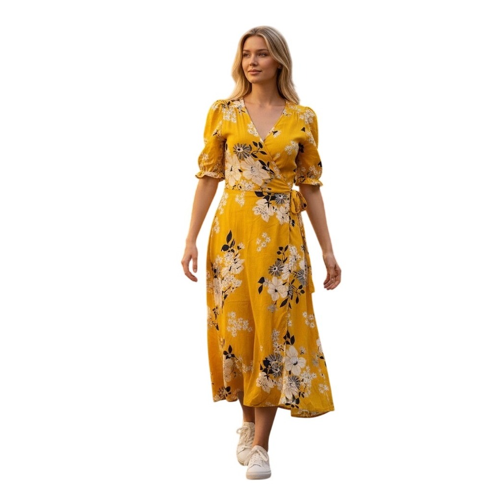 SEA NEW YORK Yellow Floral Wrap Pia Midi Dress Size 0 Ruffle Sleeve Viscose